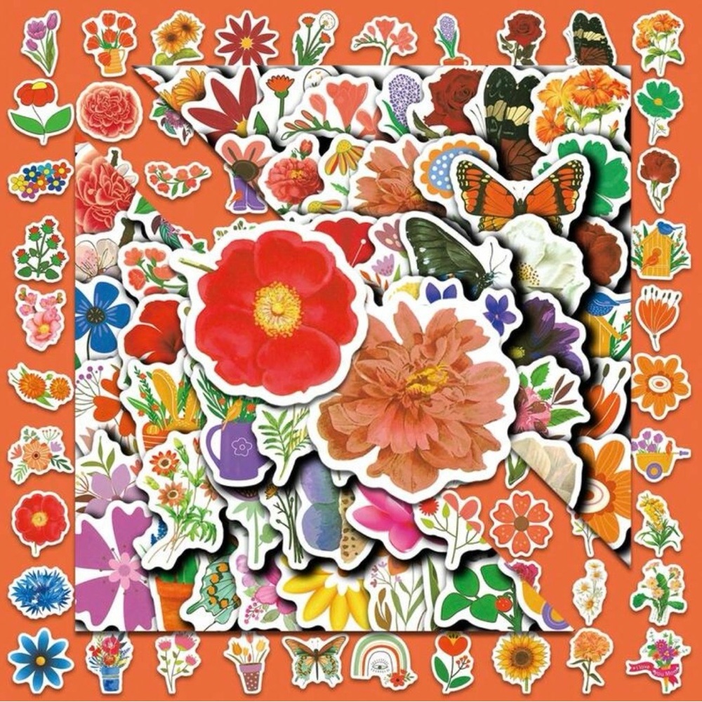 100 Colorful Flower Stickers Insects Nature Garden Blossoms - Picture 11 of 11